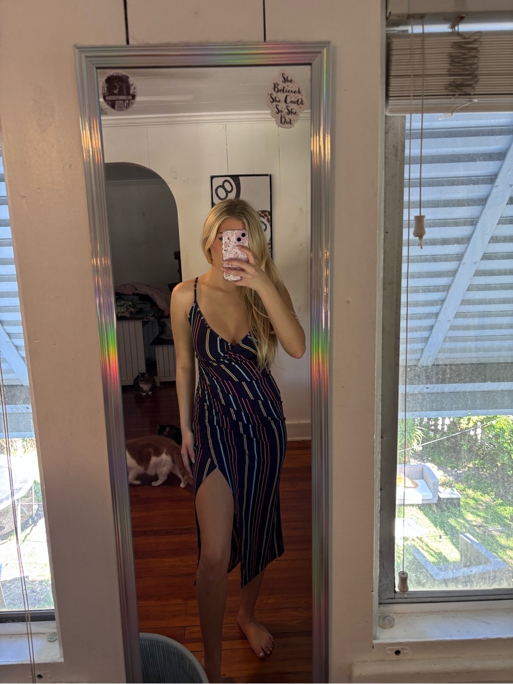 BCBGeneration Navy Striped V-Neck Dress